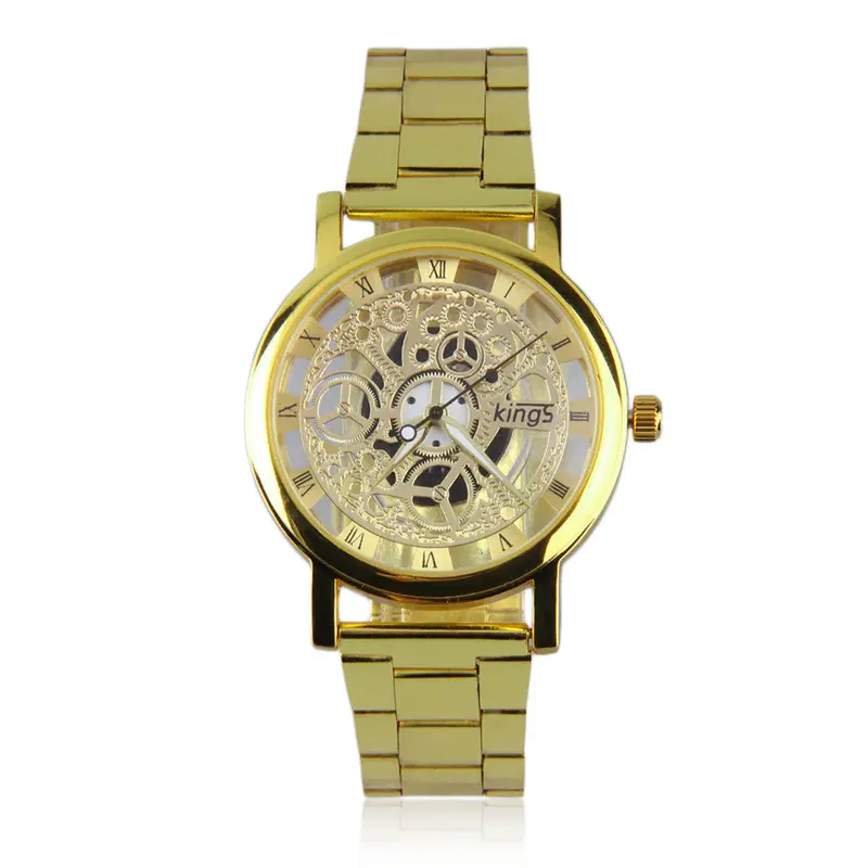 Metal Band Stainless Steel Hollow Pattern Quartz Wrist Watch With Goldensliver Color 1