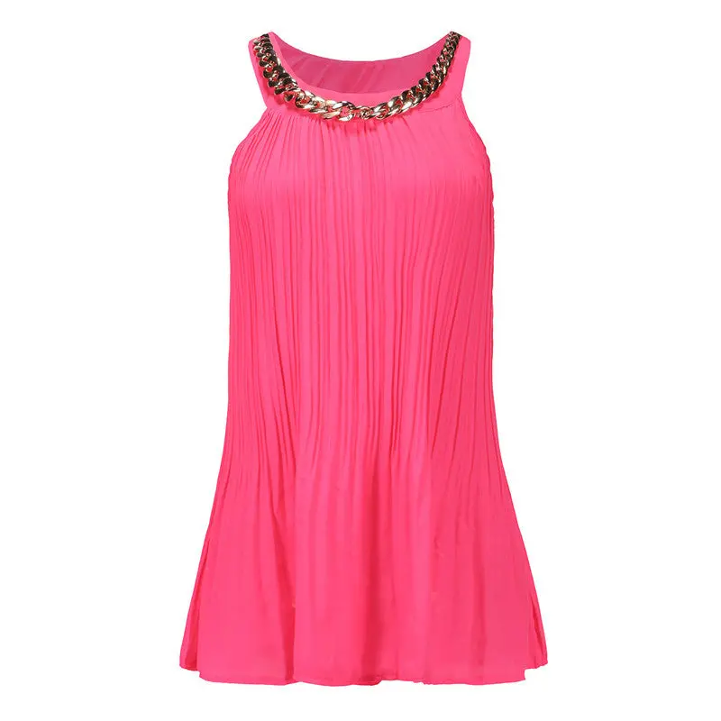 Metal Chain Trim Chiffon Blouse – Pleated Sleeveless Tank Top