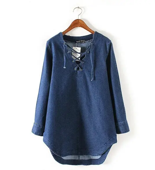 Metal Eye Lacing Up V Neck Long Sleeve Denim Dress Women Shirt Dress Femme Jurk Elbise Robe Longue Blue S M L 1
