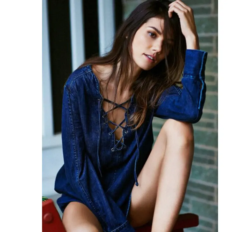 Metal Eye Lacing Up V Neck Long Sleeve Denim Dress Women Shirt Dress Femme Jurk Elbise Robe Longue Blue S M L 2