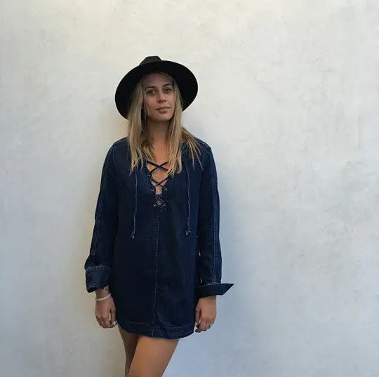 Metal Eye Lacing Up V Neck Long Sleeve Denim Dress Women Shirt Dress Femme Jurk Elbise Robe Longue Blue S M L 3