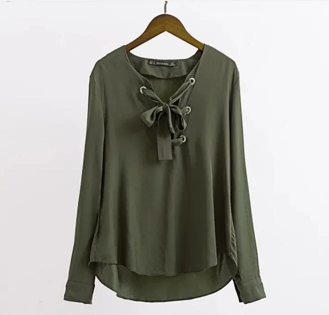 Metal Eyelets Lacing Up V Neck Shirt Vintage Women Bandage Long Sleeve Casual Blouse Loose Pullover Tops Army Green 1