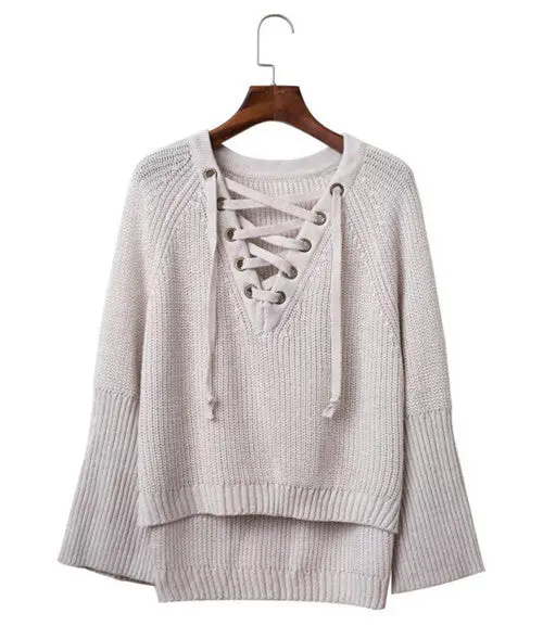 Metal Hole Lacing Up V Neck Knitwear Sweater Long Flare Sleeve High-Low Hem Jumper Pullovers Kleding Jerseis Mujer Femme 1