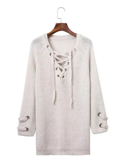 Metal Hole Lacing Up V Neck Strappy Sweater Long Sleeve Mid Long Jumper Pullovers Kleding Jerseis Mujer Femme 4 Colors 1