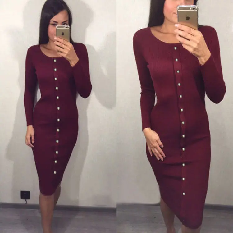 Mid-Calf Knit Sheath Dress – Button-Down O-Neck Bodycon Dress with Package Hip Design