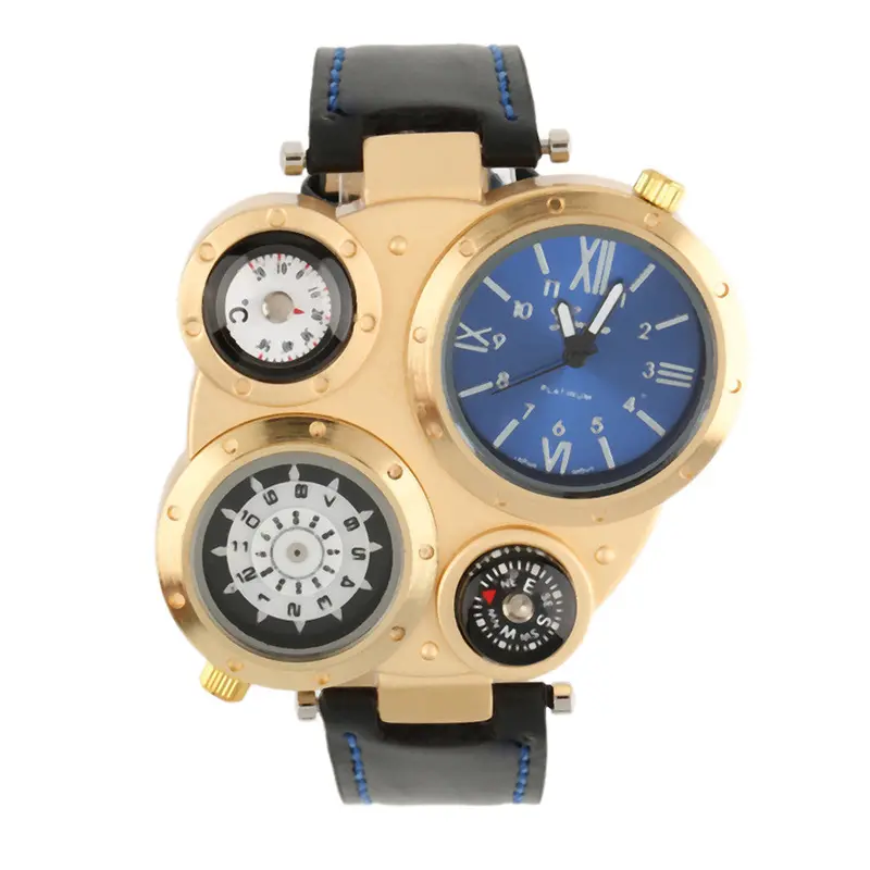 Military Irregular Metal Dial Leather Band Quartz Wrist Watch Dual Movetmasculino 1