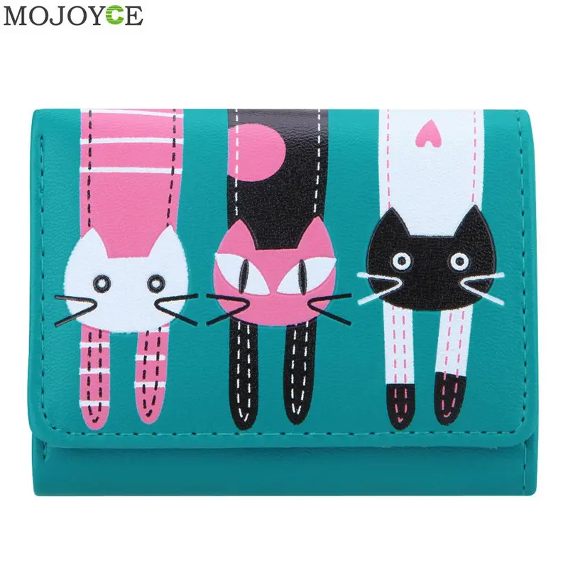 Mini Women Purse Lovely Cats Print Bifold Leather Wallet Card Holder Purse Zipper Multiple Cards Holder Embossed Pu Holder 1