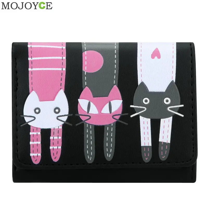 Mini Women Purse Lovely Cats Print Bifold Leather Wallet Card Holder Purse Zipper Multiple Cards Holder Embossed Pu Holder 2