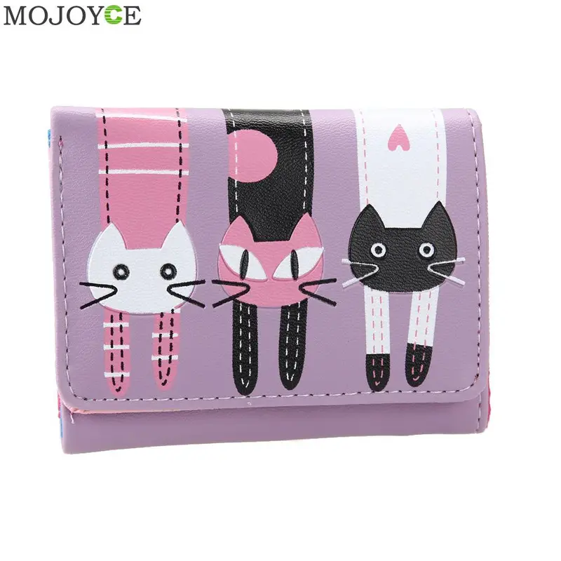 Mini Women Purse Lovely Cats Print Bifold Leather Wallet Card Holder Purse Zipper Multiple Cards Holder Embossed Pu Holder 3