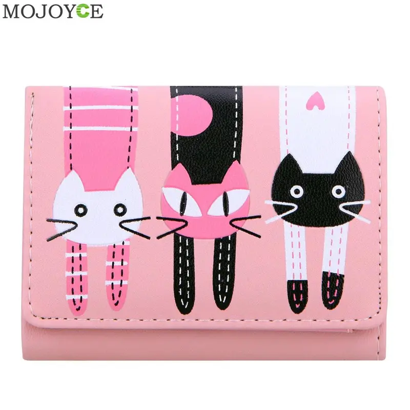 Mini Women Purse Lovely Cats Print Bifold Leather Wallet Card Holder Purse Zipper Multiple Cards Holder Embossed Pu Holder 4