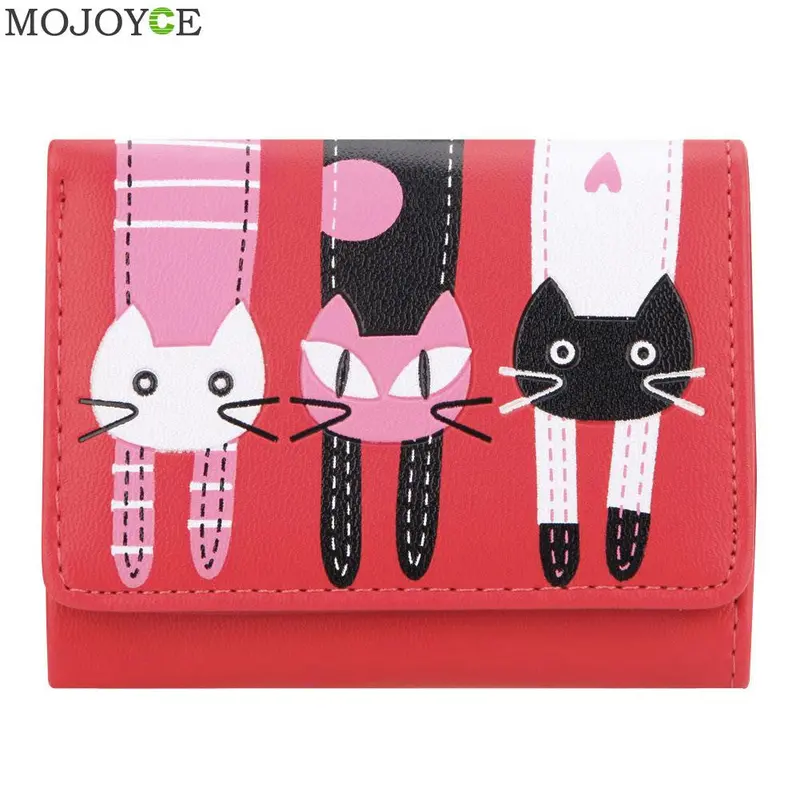 Mini Women Purse Lovely Cats Print Bifold Leather Wallet Card Holder Purse Zipper Multiple Cards Holder Embossed Pu Holder 6