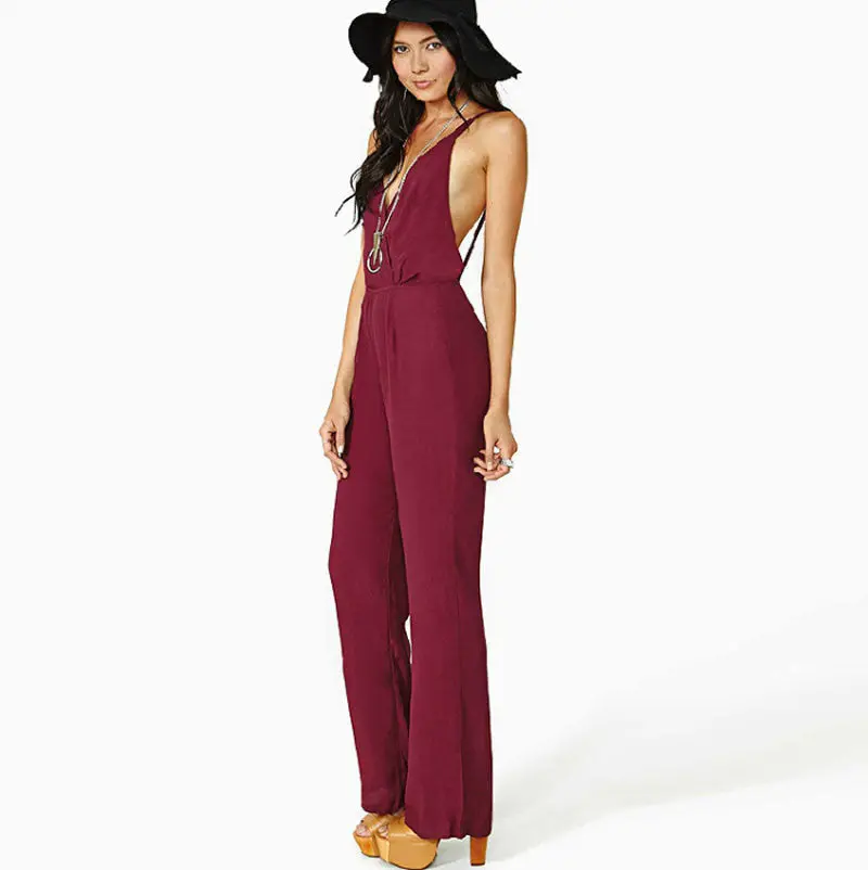 Monos Largos De Mujer Sexy Women Spaghetti Straps V Neck Backless Chiffon Jumpsuit Rompers Playsuit Feida 2