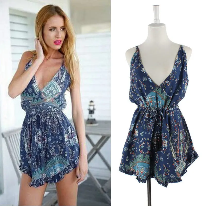 Monos Largos De Mujer Women Sexy Strap Sleeveless V Neck Blue Floral Jumpsuit Rompers Playsuit Plus Size Feida 1