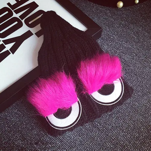 Monster Eye Faux Fur Eyelash Knitted Beanie Hat Cap Women Knit Skullies Cute Cappelli Bonnets 1