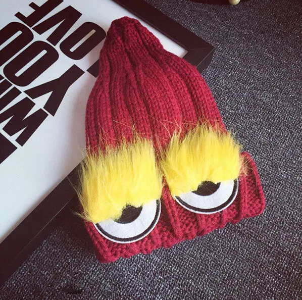 Monster Eye Faux Fur Eyelash Knitted Beanie Hat Cap Women Knit Skullies Cute Cappelli Bonnets 2