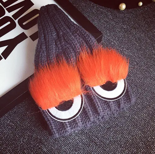 Monster Eye Faux Fur Eyelash Knitted Beanie Hat Cap Women Knit Skullies Cute Cappelli Bonnets 3
