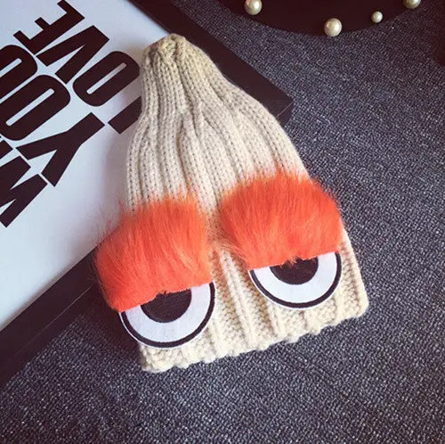 Monster Eye Faux Fur Eyelash Knitted Beanie Hat Cap Women Knit Skullies Cute Cappelli Bonnets 4