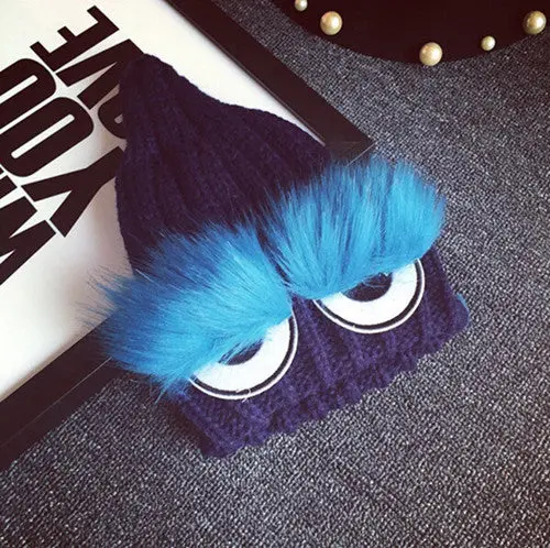 Monster Eye Faux Fur Eyelash Knitted Beanie Hat Cap Women Knit Skullies Cute Cappelli Bonnets 5