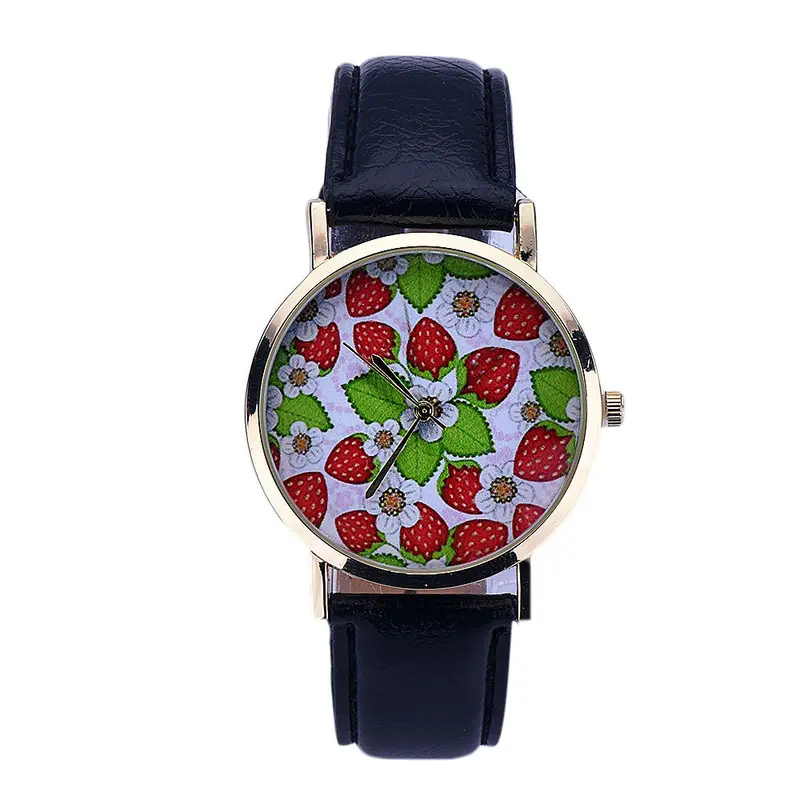 Montre Reloj Leather Quartz Clock Women Wristwatch Strawberry Pattern Girl Casual Relogio Hour 2