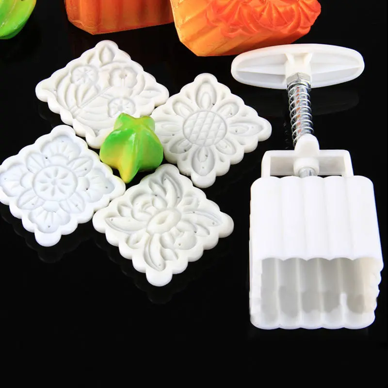 Moon Cake Mooncake Square Random Pattern Mold Mould 100G Flowers Plants 4 Stamps 23542 1