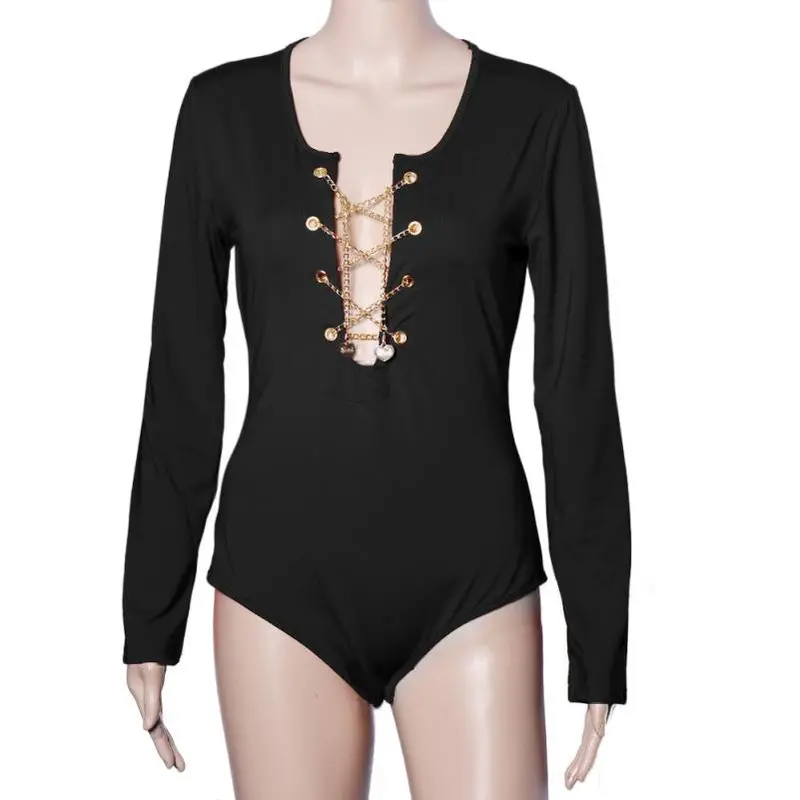 Mr07 Stylish Sexy Women Bodysuit Lace Up Tie Stretch Leotard Tops Ropmer Jumpsuit 1