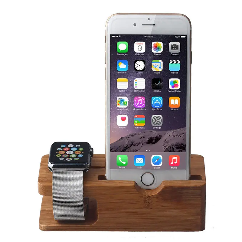 Multi-Function Bamboo Wood Phone Charge Mount Holder Stand For Apple Watch For Iphone 4/4S/5/5S/5C/6/6S Plus 1