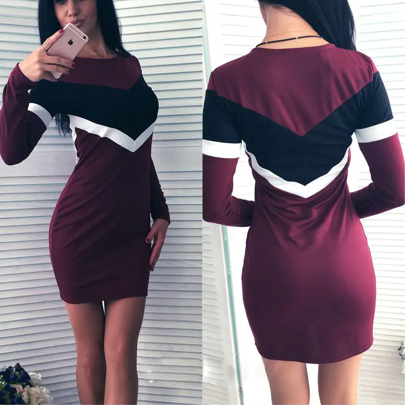 Multicolor Women's Brief Dress Contrast Color Long Sleeved Package Hip Party Dress For Women Ladies Lx099 5