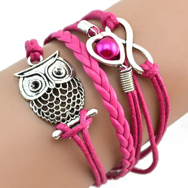 Multilayer Braided Bracelet Bangles Lovely Infinity Owl Pearl Infinity Charms Wristband Cuff Leather Bracelet For Women Men 1