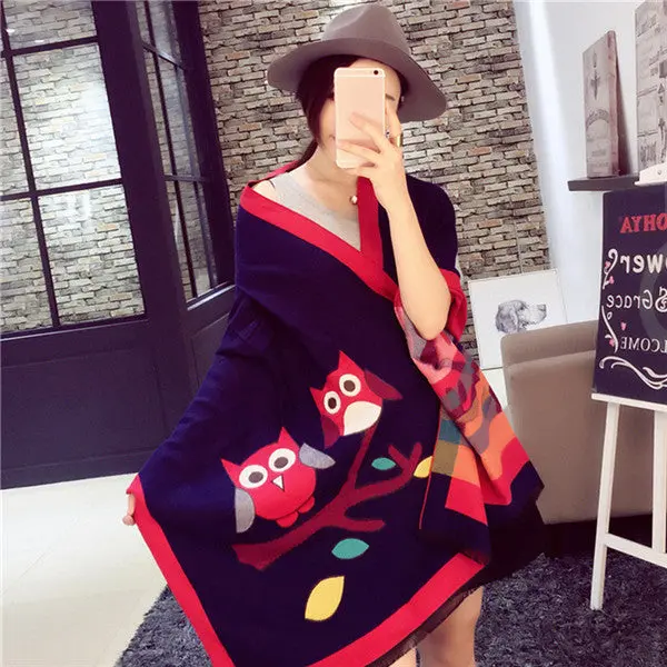 National Style Wool Owl Pattern Two-Sided Dual Purpose Thickshawl Ladies Keep Warm Scarf Style 1