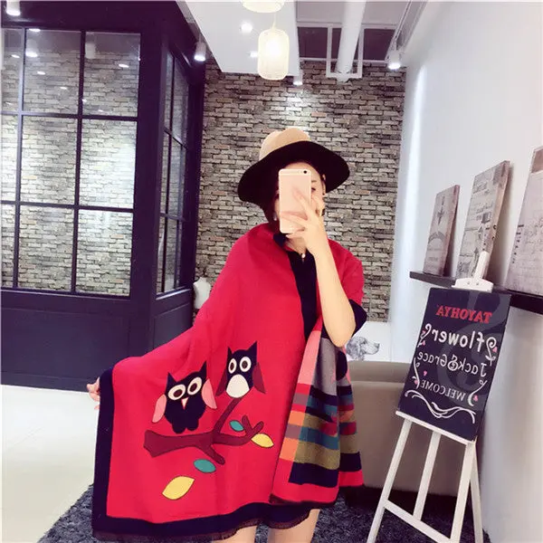 National Style Wool Owl Pattern Two-Sided Dual Purpose Thickshawl Ladies Keep Warm Scarf Style 2