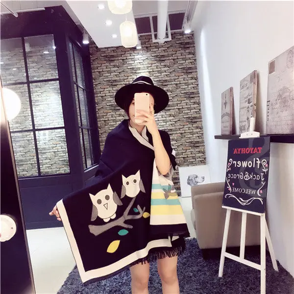 National Style Wool Owl Pattern Two-Sided Dual Purpose Thickshawl Ladies Keep Warm Scarf Style 3