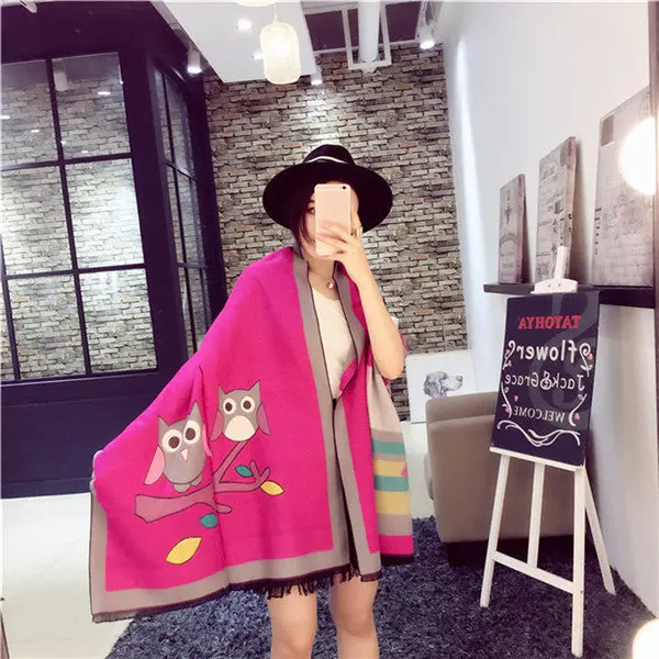 National Style Wool Owl Pattern Two-Sided Dual Purpose Thickshawl Ladies Keep Warm Scarf Style 4