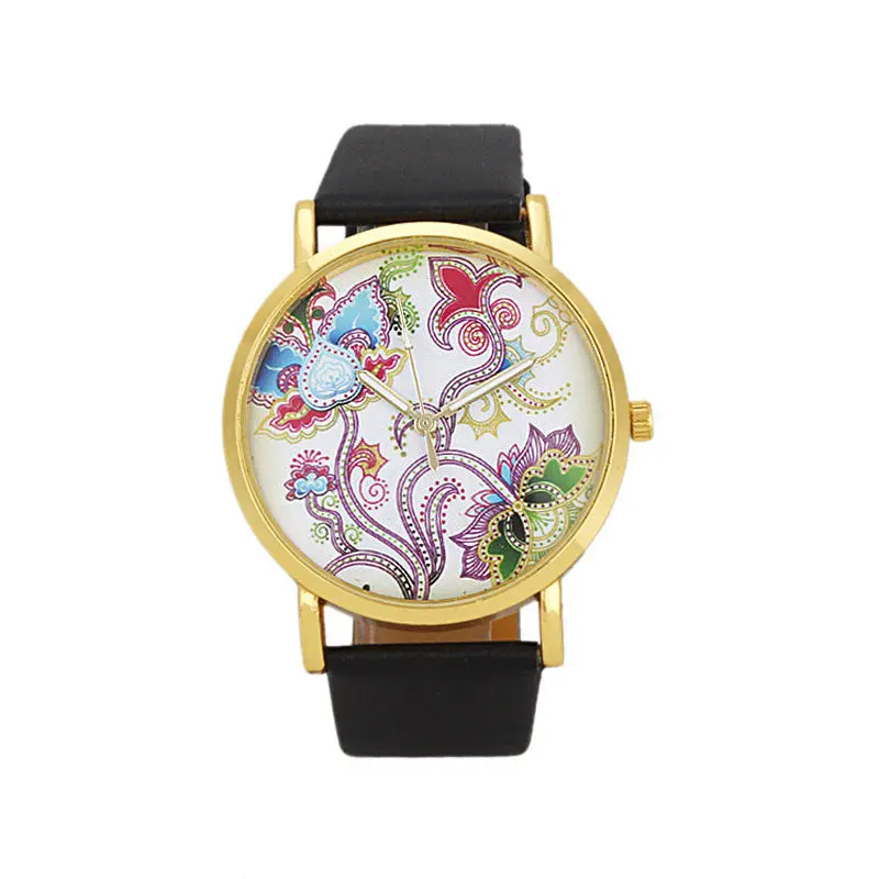 National Wind Watch Women Dress Clocks Leather Band Analog Quartz Flower Print Wrist Watch 1