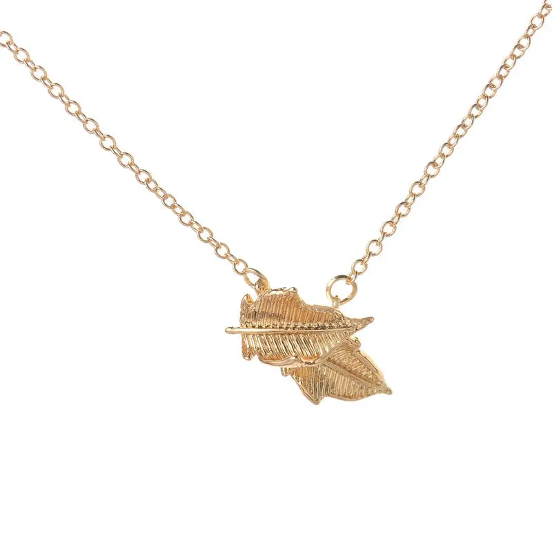 Necklace Gold Plated Double Leaves Long Chain Necklaces Gifts 10Pcs-N180 1