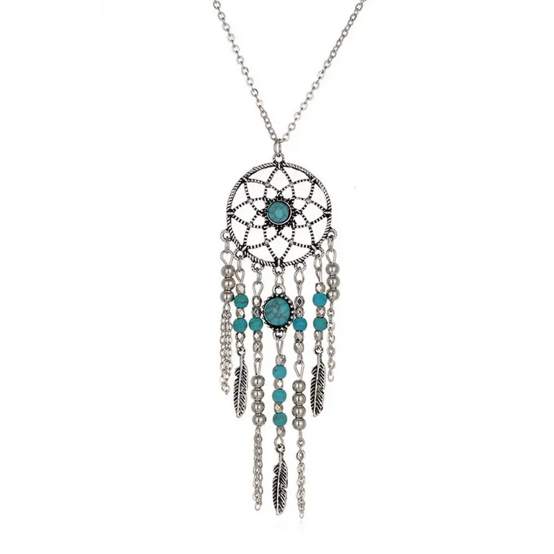 Necklace Women Retro Turquoise Feather Pendant Long Sweater Chain Necklaces Chocker Jewelry Charm Gift 1