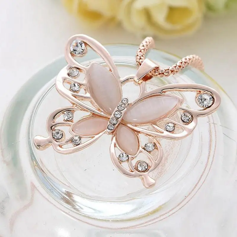 Necklaces Womens Lady Rose Gold Opal Butterfly Pendant Maxi Necklace Sweater Chain Jewelry 1