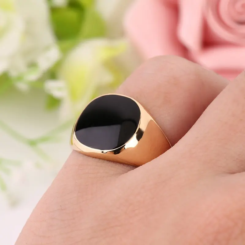 Never Fade Stainless Steel Metal Ring 18K Gold Plated Black Onyx Stone Engaget Wedding Ring 2