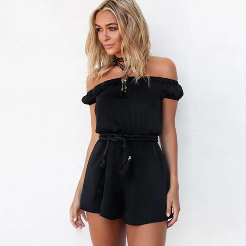 New Black Chiffon Women Jumpsuit Off Shoulder Bodysuit Women Rompers With Leather Belt Overalls Combinaison Femme Playsuit 1