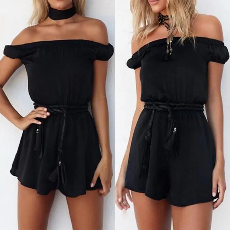 New Black Chiffon Women Jumpsuit Off Shoulder Bodysuit Women Rompers With Leather Belt Overalls Combinaison Femme Playsuit 3