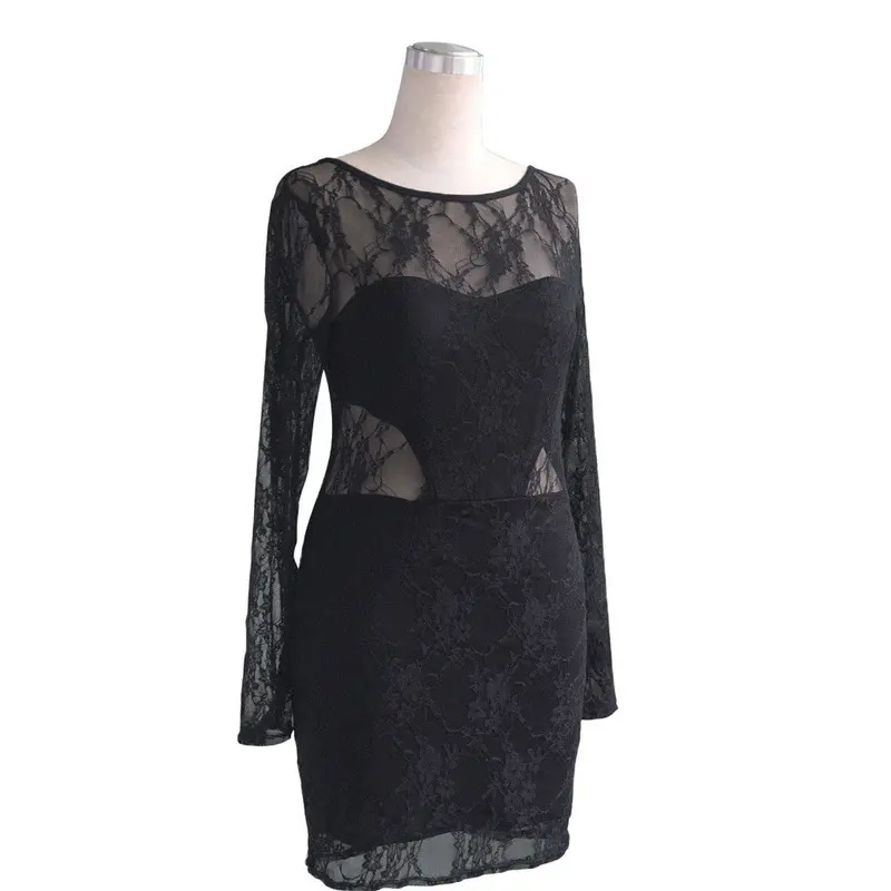 New Bodycon Flower Lace Dress Floral Vestidos O-Neck Sexy Short Women Backless Dress Clothing Black Red 1