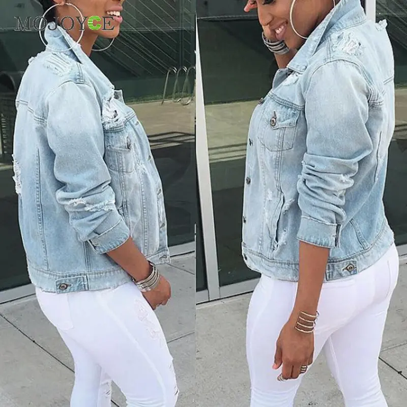 New Boyfriend Style Loose Women Denim Jacket Holes Ripped Oversize Jeans Coat Outwear Plus Size Jeans Jacket Jaqueta Feminina 3