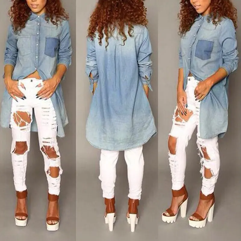 New Casual Long Sleeve Women Blouses Club Button Denim Jean Long Shirt Women Dresses Plus Size Blusas Women Tops 3