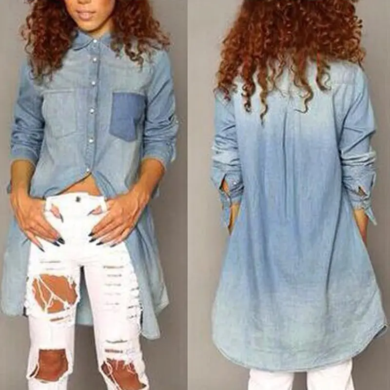 New Casual Long Sleeve Women Blouses Club Button Denim Jean Long Shirt Women Dresses Plus Size Blusas Women Tops 4