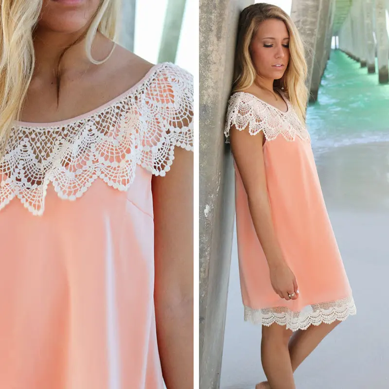 New Club Sleeveless Lace Dresses Solid Color Stitching O-Neck Halter Women Dress Blue Pink Chiffon Backless Dress 1