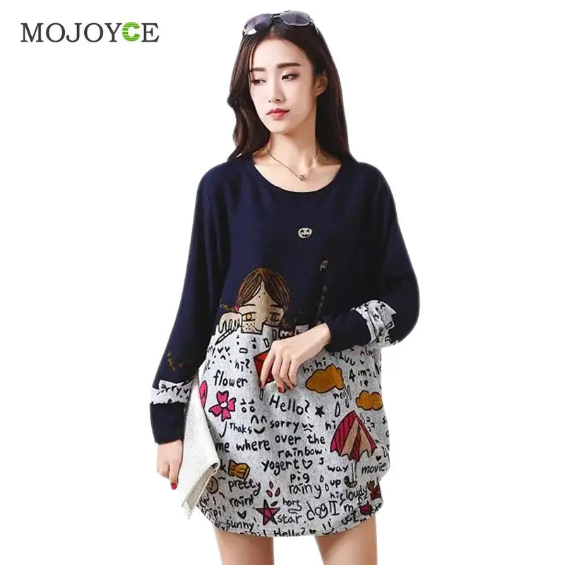 New Colorful Loose Long Tee Shirt Women Tops New Plus Size Long-Sleeved Knitted Cotton T Shirt Women Printing Blusa Top 1