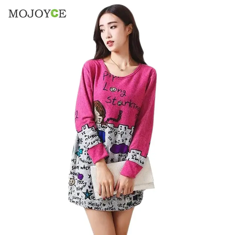 New Colorful Loose Long Tee Shirt Women Tops New Plus Size Long-Sleeved Knitted Cotton T Shirt Women Printing Blusa Top 5