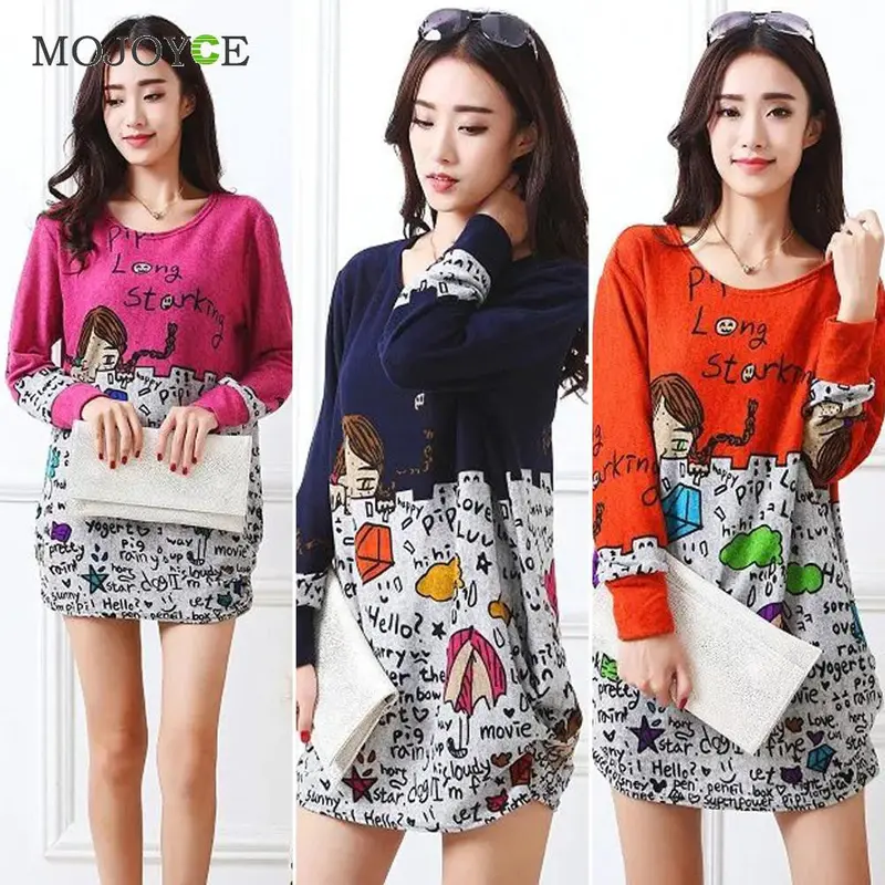 New Colorful Loose Long Tee Shirt Women Tops New Plus Size Long-Sleeved Knitted Cotton T Shirt Women Printing Blusa Top 5