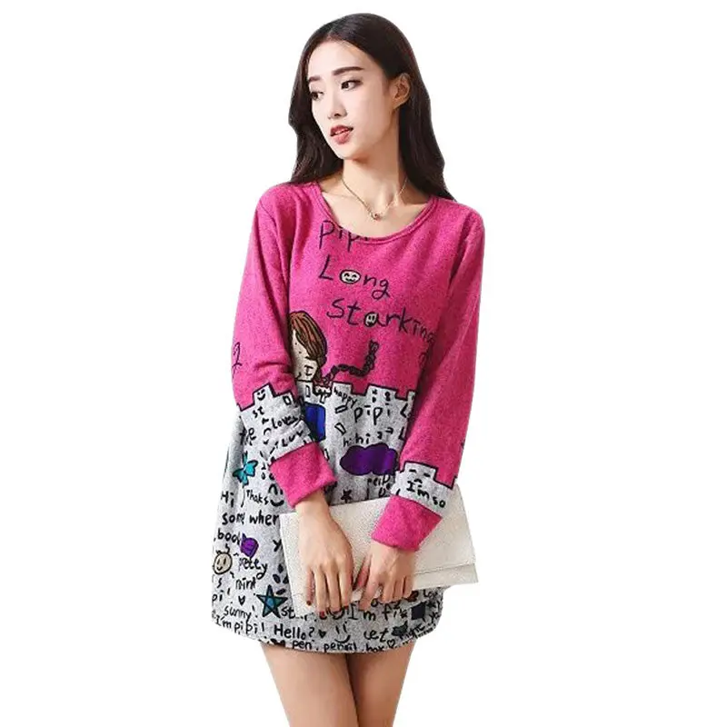 New Colorful Loose Long Tee Shirt Women Tops New Plus Size Long-Sleeved Knitted Cotton T Shirt Women Printing Blusa Top 6