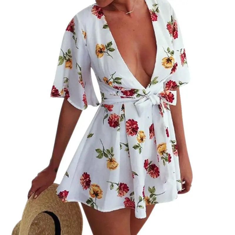 New Combishort Femme Women Jumpsuit Sexy Floral V-Neck Playsuit Ladies Shorts Beach Bodysuit 1