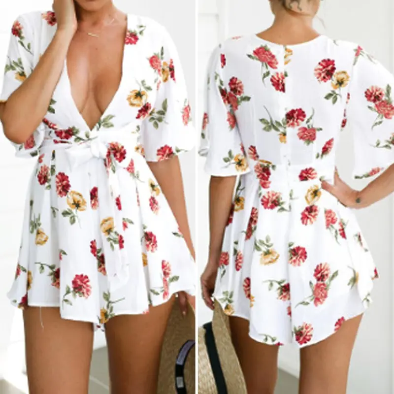 New Combishort Femme Women Jumpsuit Sexy Floral V-Neck Playsuit Ladies Shorts Beach Bodysuit 2